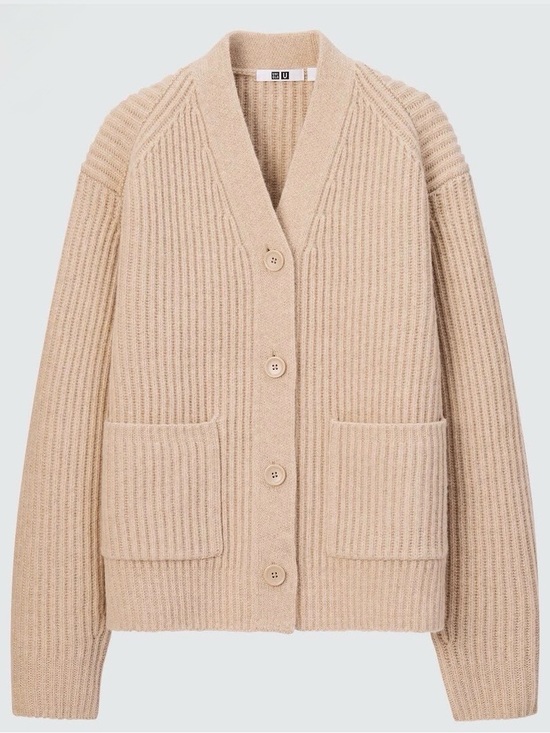 Lemaire Sweaters - Lemaire Uniqlo U Premium Wool High Neck V Ribbed Cardigan Beige Size Small EUC